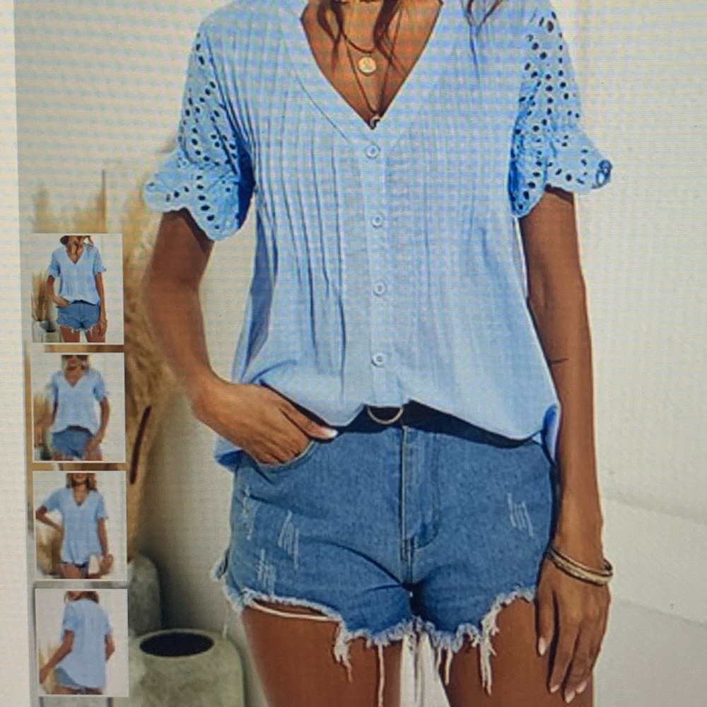 NWT Blue Pin Tuck Lace-Sleeve V-neck Top Women - Picture 1 of 5